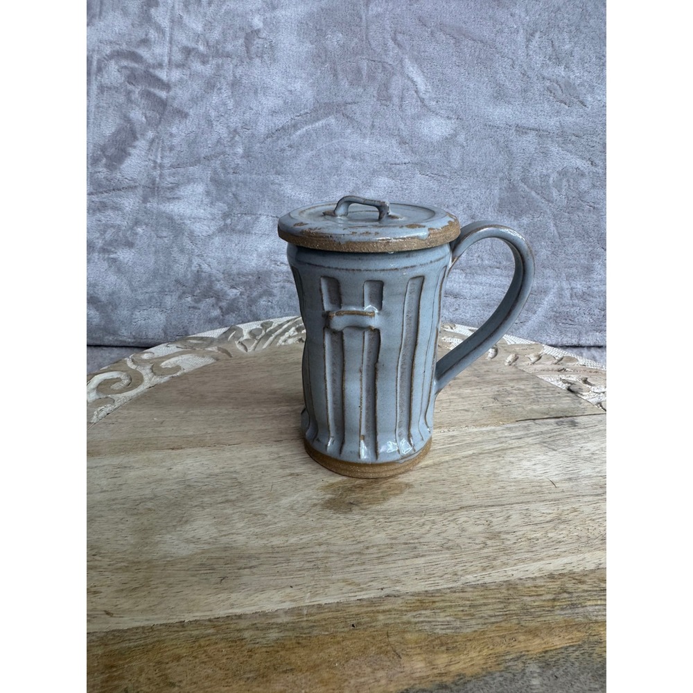 Handmade Studio Pottery Trash Can Mug with Lid and Fish Skeleton Surprise Blue